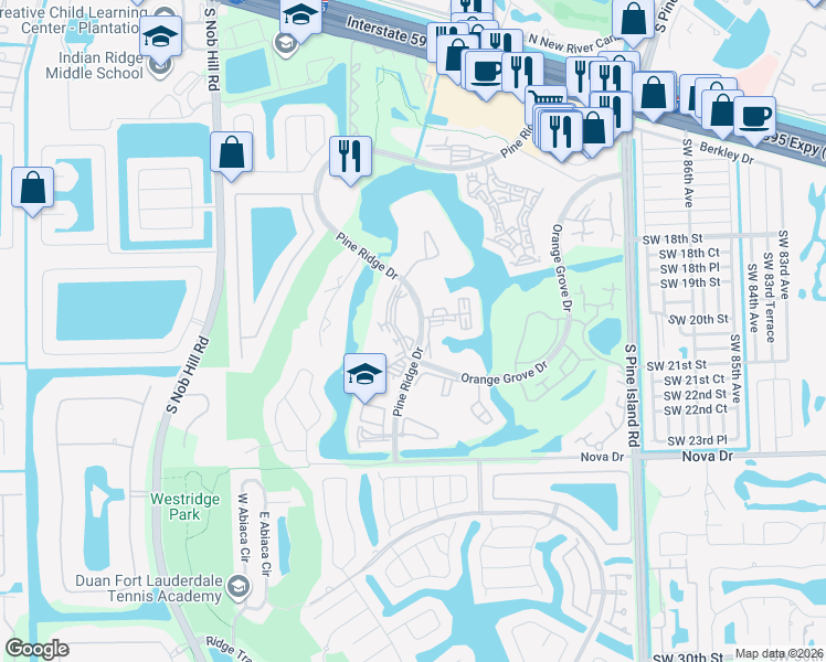 map of restaurants, bars, coffee shops, grocery stores, and more near 1901 Pine Ridge Drive in Davie