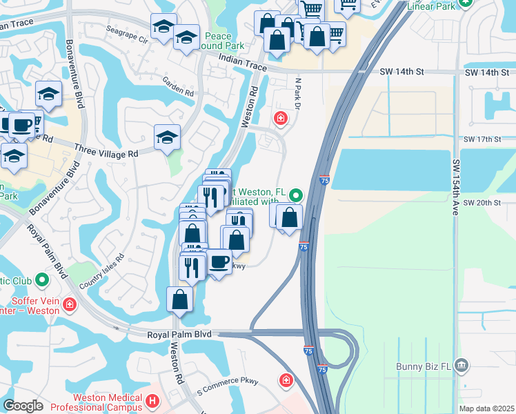 map of restaurants, bars, coffee shops, grocery stores, and more near 1825-1875 North Corporate Lakes Boulevard in Weston