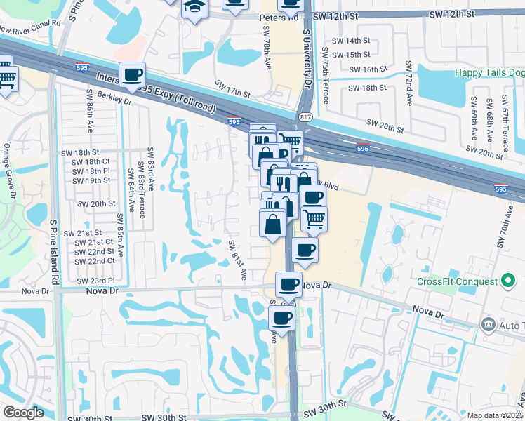 map of restaurants, bars, coffee shops, grocery stores, and more near 30 North Valencia Drive in Davie