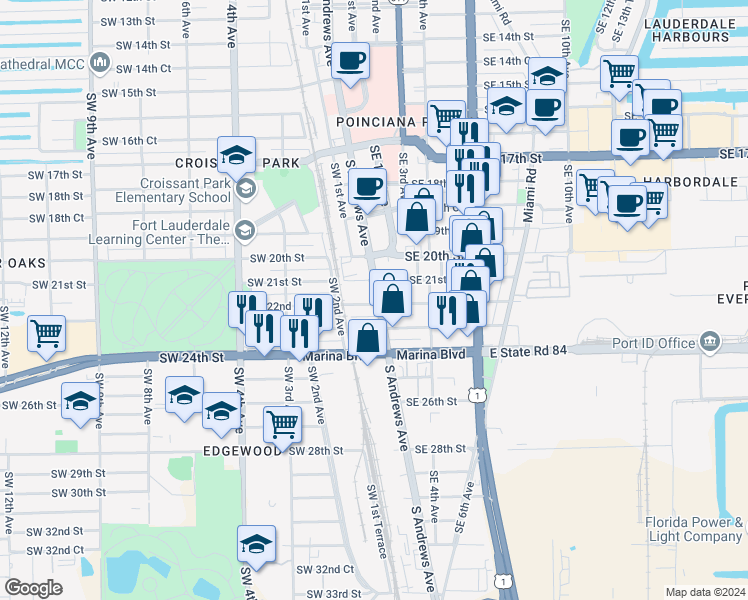 map of restaurants, bars, coffee shops, grocery stores, and more near 2125 South Andrews Avenue in Fort Lauderdale