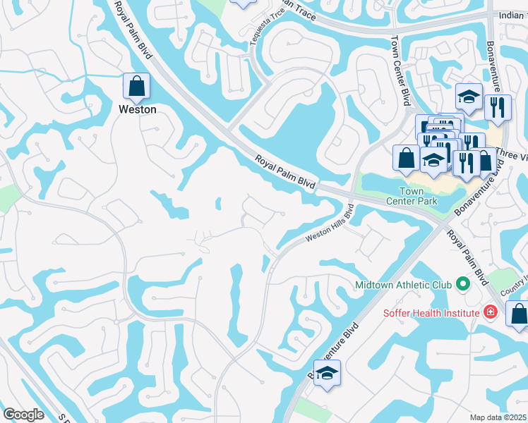 map of restaurants, bars, coffee shops, grocery stores, and more near 2663 Center Court Drive in Weston