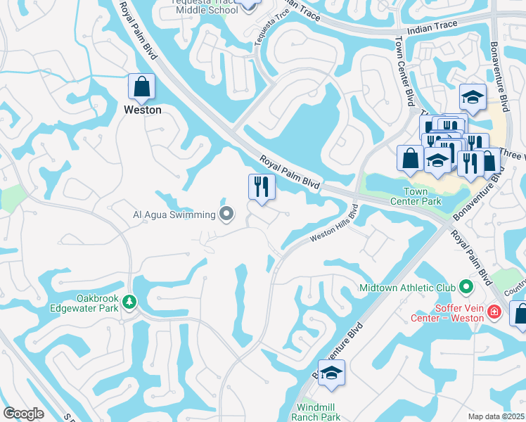 map of restaurants, bars, coffee shops, grocery stores, and more near 2753 Center Court Drive in Weston