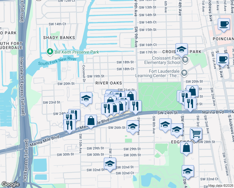 map of restaurants, bars, coffee shops, grocery stores, and more near 1009 Southwest 21st Street in Fort Lauderdale