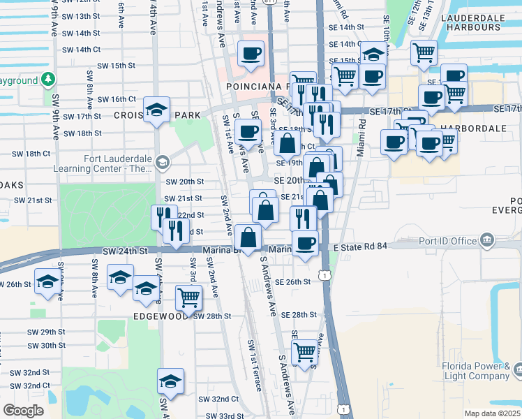 map of restaurants, bars, coffee shops, grocery stores, and more near 2100 South Andrews Avenue in Fort Lauderdale