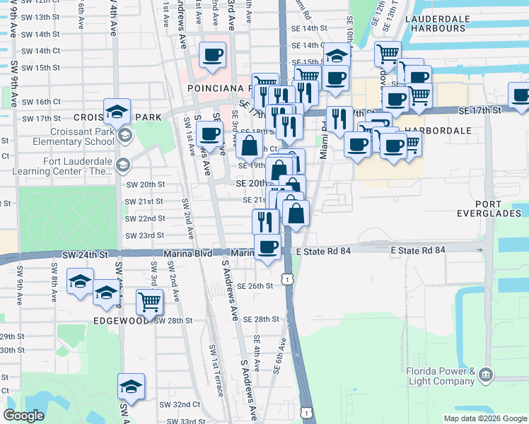 map of restaurants, bars, coffee shops, grocery stores, and more near 490 Southeast 21st Street in Fort Lauderdale