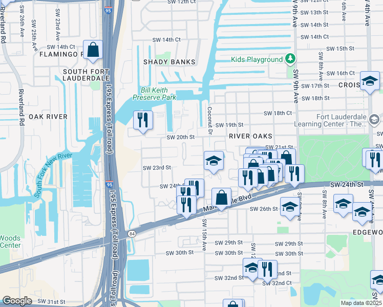 map of restaurants, bars, coffee shops, grocery stores, and more near 1521 Southwest 21st Street in Fort Lauderdale