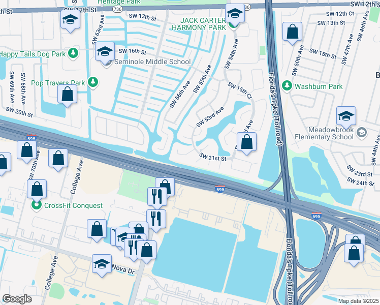 map of restaurants, bars, coffee shops, grocery stores, and more near 2091 Southwest 52nd Way in Plantation