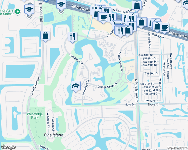map of restaurants, bars, coffee shops, grocery stores, and more near 9301 Lagoon Place in Davie