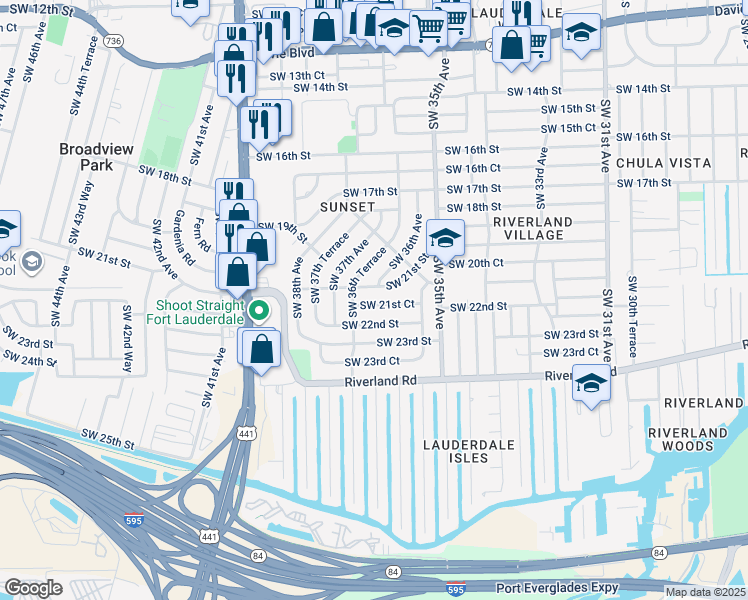 map of restaurants, bars, coffee shops, grocery stores, and more near 3633 Southwest 21st Court in Fort Lauderdale