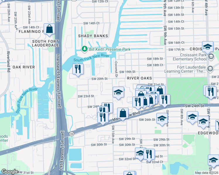 map of restaurants, bars, coffee shops, grocery stores, and more near 1521 Southwest 21st Street in Fort Lauderdale
