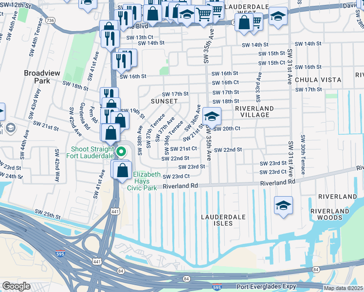 map of restaurants, bars, coffee shops, grocery stores, and more near 3625 Southwest 21st Court in Fort Lauderdale