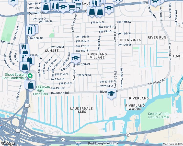map of restaurants, bars, coffee shops, grocery stores, and more near 3360 Southwest 21st Street in Fort Lauderdale