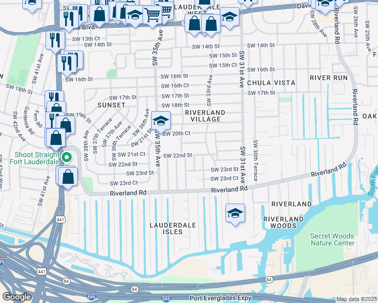 map of restaurants, bars, coffee shops, grocery stores, and more near 3360 Southwest 21st Street in Fort Lauderdale