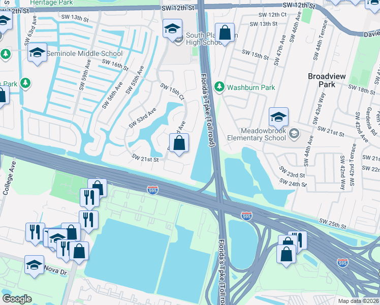 map of restaurants, bars, coffee shops, grocery stores, and more near 1920 Southwest 51st Terrace in Plantation