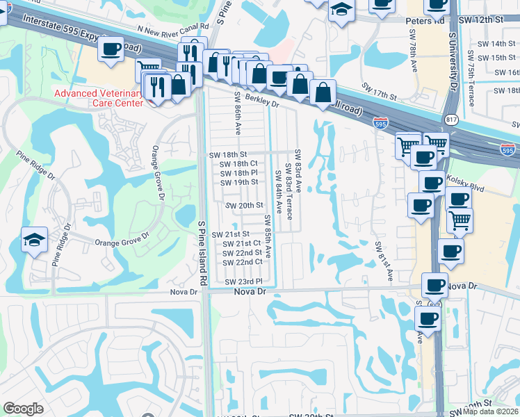 map of restaurants, bars, coffee shops, grocery stores, and more near 1970 Southwest 85th Terrace in Davie