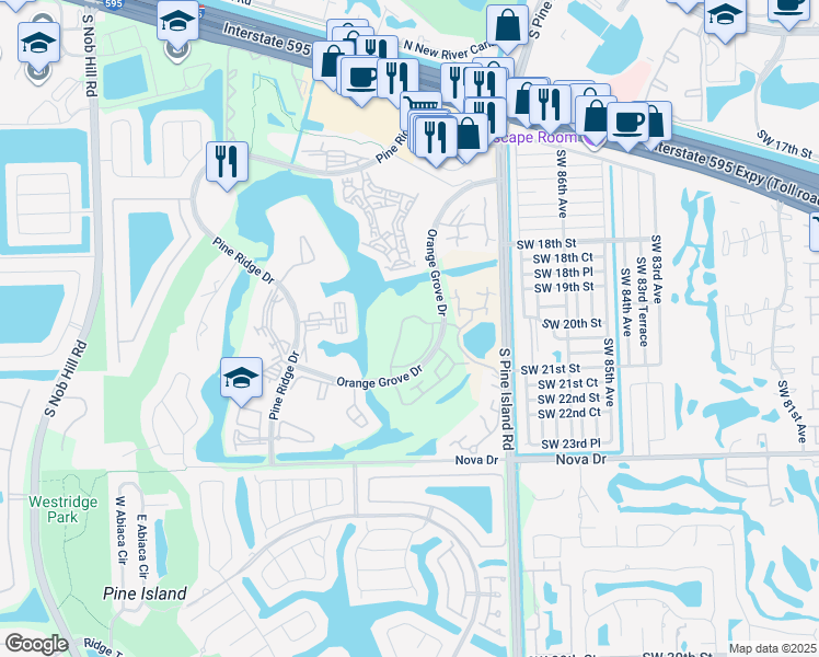 map of restaurants, bars, coffee shops, grocery stores, and more near 1705 Whitehall Drive in Davie