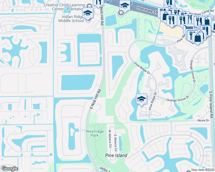 map of restaurants, bars, coffee shops, grocery stores, and more near 1821 West Oak Knoll Circle in Davie
