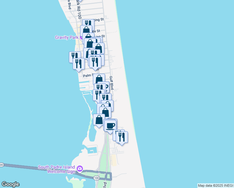 map of restaurants, bars, coffee shops, grocery stores, and more near 1500 Gulf Boulevard in South Padre Island