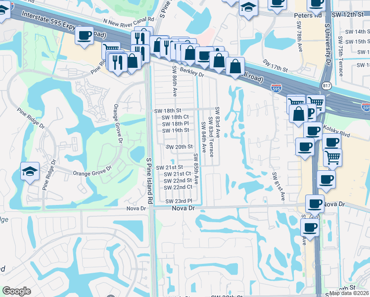 map of restaurants, bars, coffee shops, grocery stores, and more near 1970 Southwest 85th Terrace in Davie