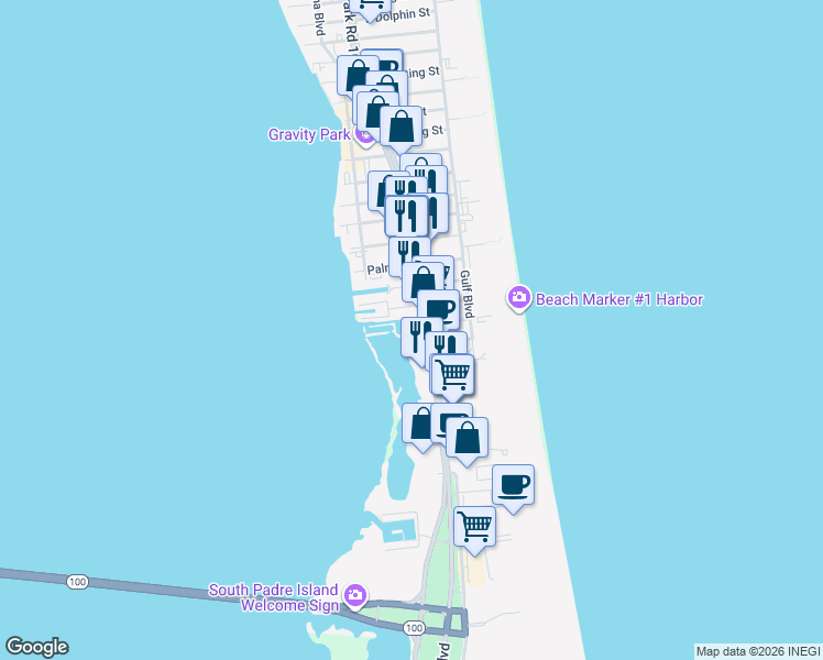 map of restaurants, bars, coffee shops, grocery stores, and more near 1501 Padre Boulevard in South Padre Island