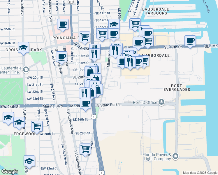 map of restaurants, bars, coffee shops, grocery stores, and more near 2100 Miami Road in Fort Lauderdale