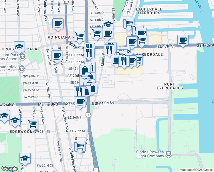 map of restaurants, bars, coffee shops, grocery stores, and more near 2100 Miami Road in Fort Lauderdale
