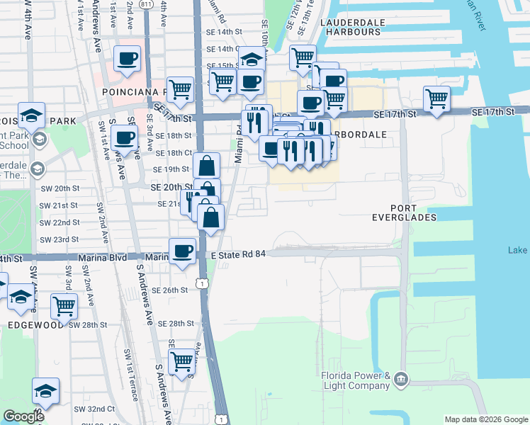 map of restaurants, bars, coffee shops, grocery stores, and more near 2039 Southeast 10th Avenue in Fort Lauderdale
