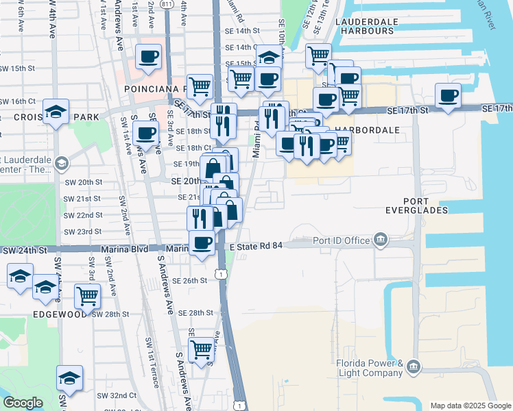 map of restaurants, bars, coffee shops, grocery stores, and more near 2100 Miami Road in Fort Lauderdale