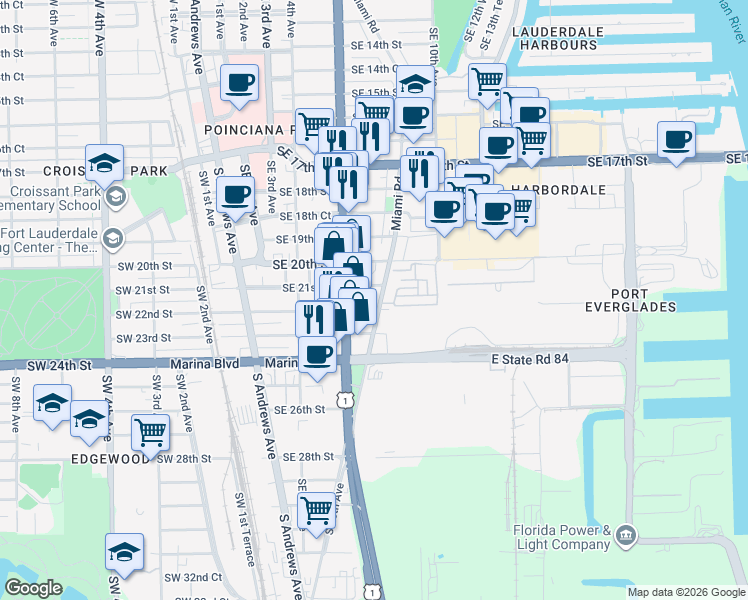 map of restaurants, bars, coffee shops, grocery stores, and more near 704 Southeast 21st Street in Fort Lauderdale