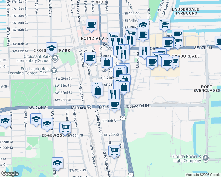 map of restaurants, bars, coffee shops, grocery stores, and more near 2101-2103 Southeast 4th Avenue in Fort Lauderdale