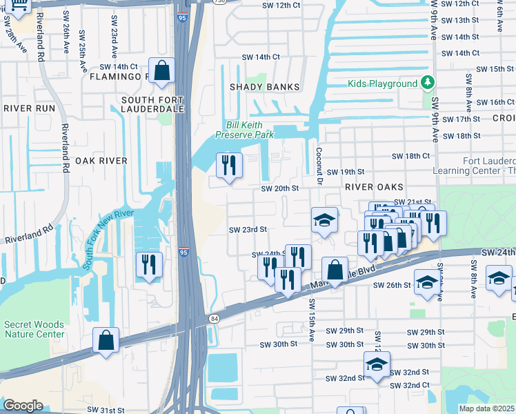 map of restaurants, bars, coffee shops, grocery stores, and more near 2020 Southwest 18th Avenue in Fort Lauderdale
