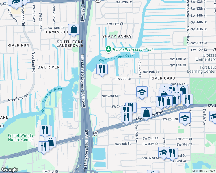 map of restaurants, bars, coffee shops, grocery stores, and more near 2020 Southwest 18th Avenue in Fort Lauderdale