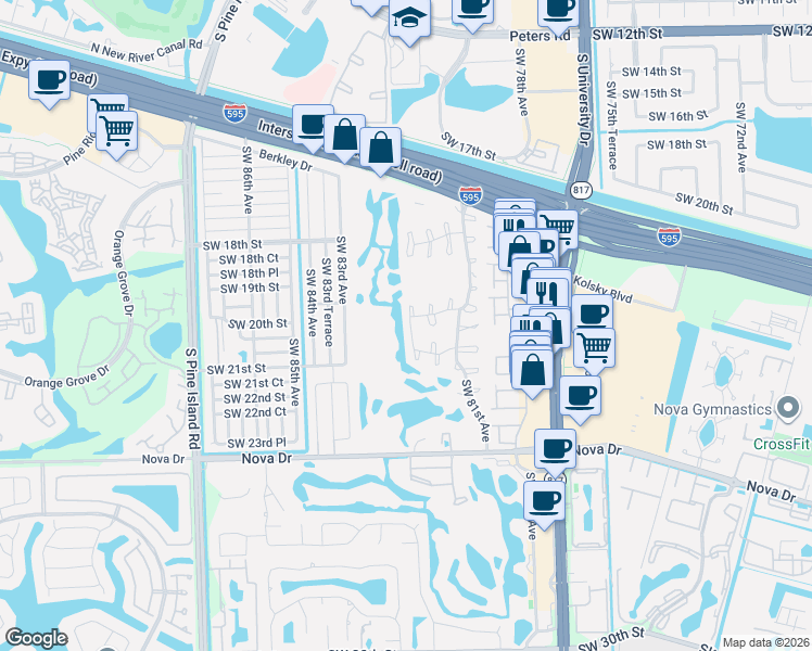 map of restaurants, bars, coffee shops, grocery stores, and more near 1965 Southwest 82nd Avenue in Davie