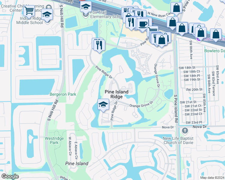 map of restaurants, bars, coffee shops, grocery stores, and more near 1901 Pine Ridge Drive in Davie