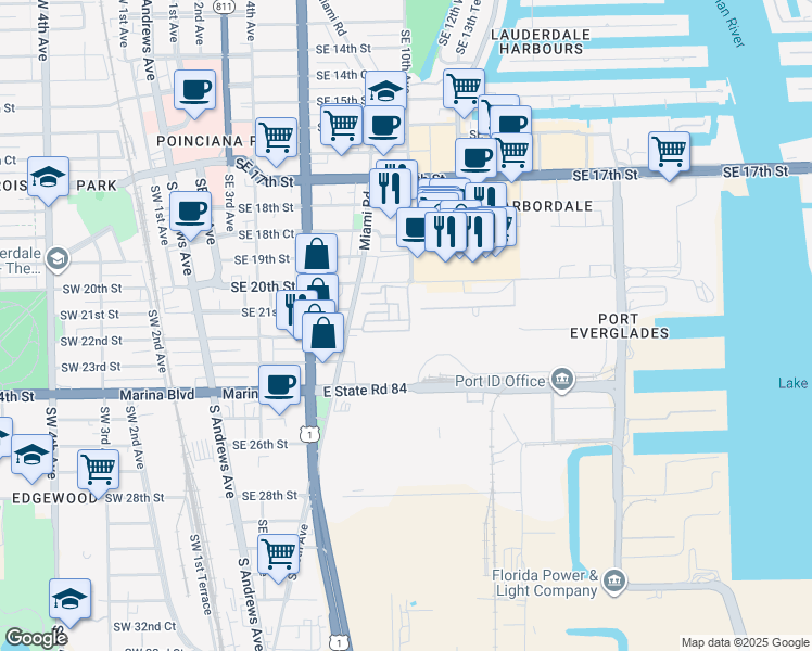 map of restaurants, bars, coffee shops, grocery stores, and more near 2039 Southeast 10th Avenue in Fort Lauderdale