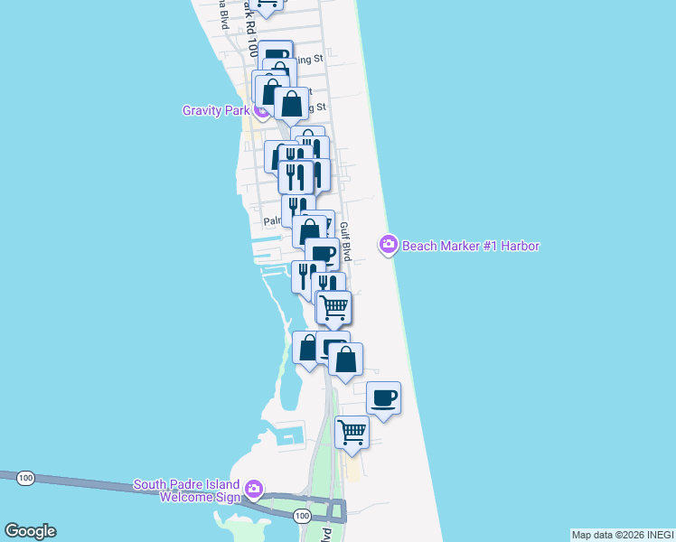 map of restaurants, bars, coffee shops, grocery stores, and more near 111 Harbor Street in South Padre Island