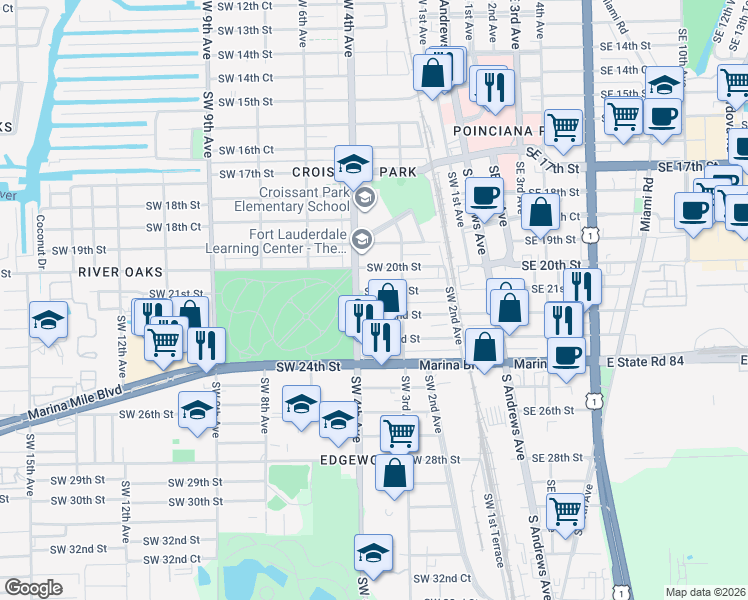 map of restaurants, bars, coffee shops, grocery stores, and more near 341 Southwest 21st Street in Fort Lauderdale