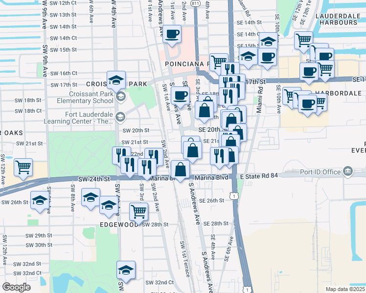 map of restaurants, bars, coffee shops, grocery stores, and more near 2125 South Andrews Avenue in Fort Lauderdale