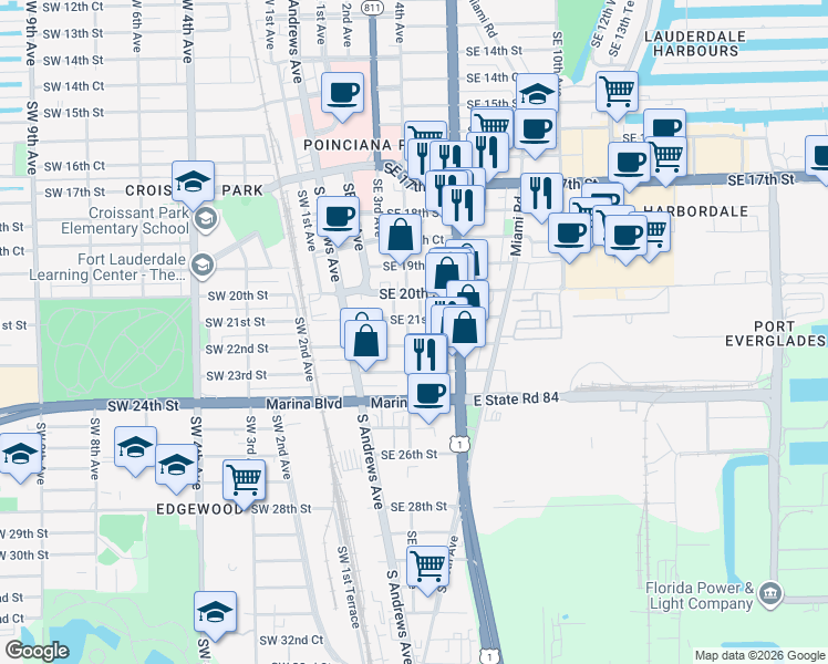 map of restaurants, bars, coffee shops, grocery stores, and more near 2101-2103 Southeast 4th Avenue in Fort Lauderdale