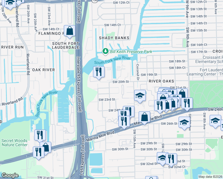 map of restaurants, bars, coffee shops, grocery stores, and more near 2020 Southwest 18th Avenue in Fort Lauderdale