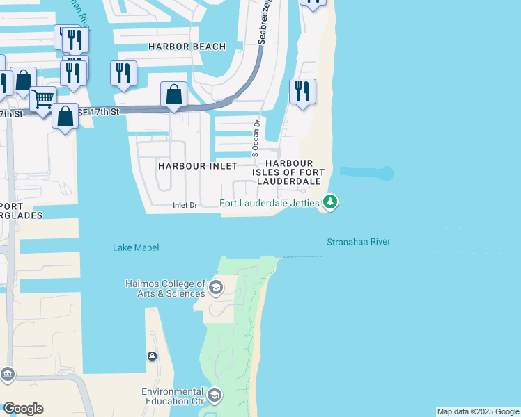 map of restaurants, bars, coffee shops, grocery stores, and more near 3465 South Ocean Drive in Fort Lauderdale