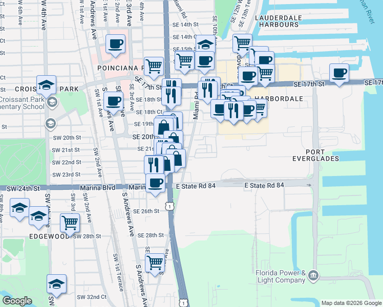 map of restaurants, bars, coffee shops, grocery stores, and more near 2100 Miami Road in Fort Lauderdale