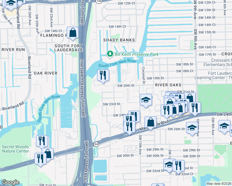 map of restaurants, bars, coffee shops, grocery stores, and more near 2020 Southwest 18th Avenue in Fort Lauderdale