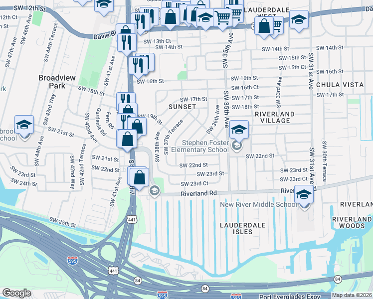 map of restaurants, bars, coffee shops, grocery stores, and more near 3637 Southwest 21st Street in Fort Lauderdale
