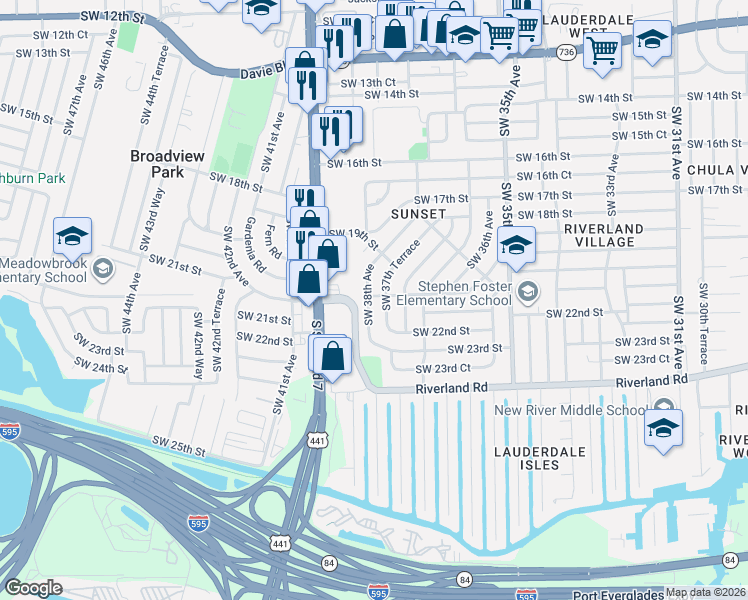 map of restaurants, bars, coffee shops, grocery stores, and more near 2080 Southwest 38th Avenue in Fort Lauderdale