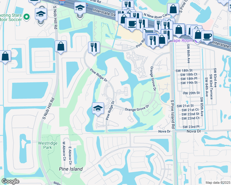 map of restaurants, bars, coffee shops, grocery stores, and more near 1901 Pine Ridge Drive in Davie