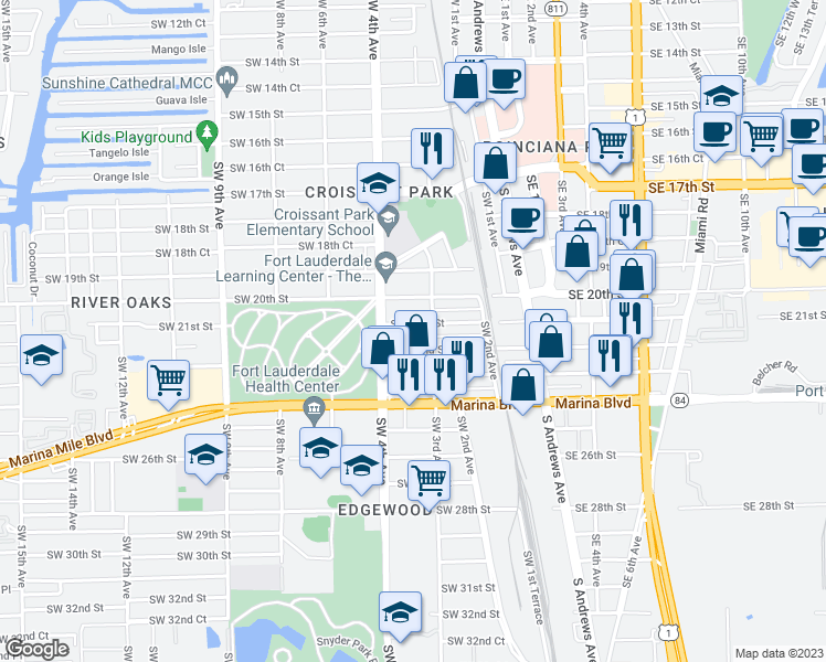 map of restaurants, bars, coffee shops, grocery stores, and more near 301 Southwest 21st Street in Fort Lauderdale