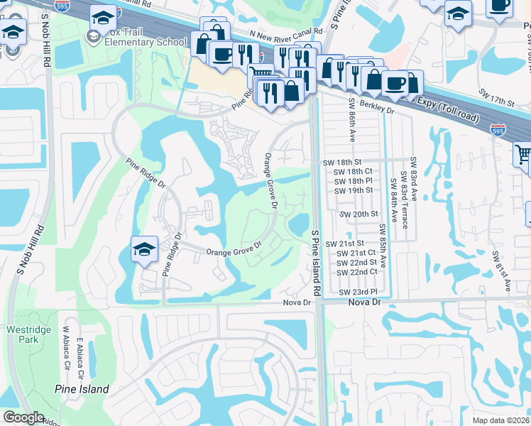 map of restaurants, bars, coffee shops, grocery stores, and more near 9124A Southwest 20th Place in Davie