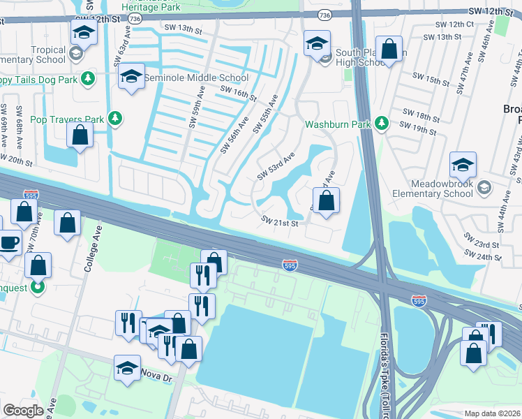 map of restaurants, bars, coffee shops, grocery stores, and more near 2091 Southwest 52nd Way in Plantation
