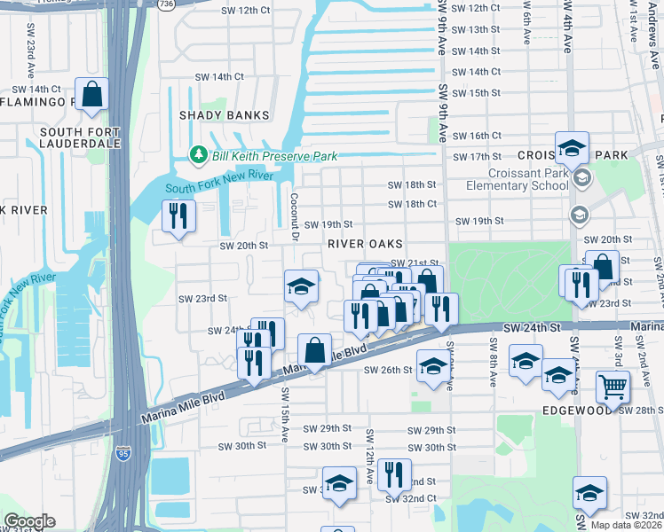 map of restaurants, bars, coffee shops, grocery stores, and more near 21 The Common in Fort Lauderdale
